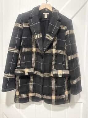 H&M Women's Black and Beige Plaid Windowpane Patter Blazer Jacket, Size S